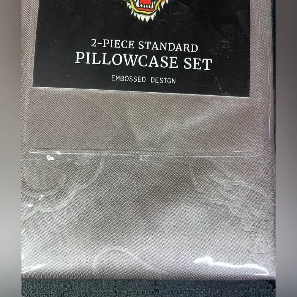 Two Ed Hardy Silver Satin Pillowcases Std Solid Embossed Design Set NEW NIP